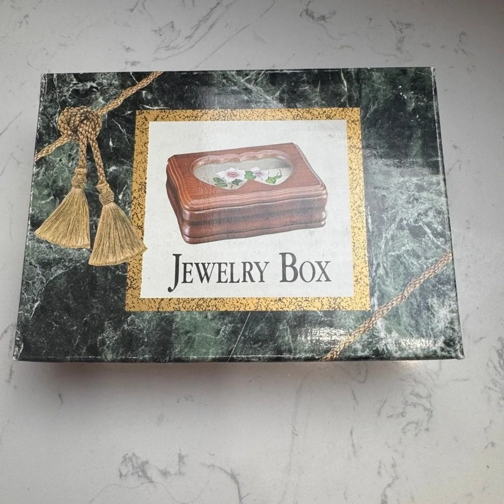 Vintage Kmart Walnut Finish Jewelry Box Stained Glass Double Heart Floral Lid